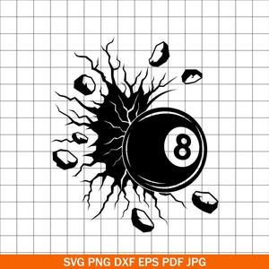 Könnte beinhalten: Schwarz-weiße Grafik einer Billardkugel mit der Nummer 8, die durch eine Wand bricht. Die Kugel befindet sich im Zentrum, die Nummer acht ist sichtbar. Risse und Trümmer umgeben die Kugel. Der Text "SVG PNG DXF EPS PDF JPG" steht unten.