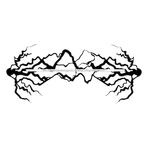 May include: Black and white line art illustration of a mountain range with a jagged, abstract design.