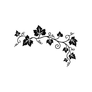 May include: A black graphic illustration of a sprawling grapevine branch featuring multiple pointed leaves and delicate curling tendrils. The design is presented in a high-contrast silhouette style against a plain white background.