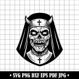 Zombie Nun SVG PNG DXF, Evil Skull Nun Clipart, Horror Priest Silhouette Cut File, Scary Gothic Design for Cricut and Silhouette