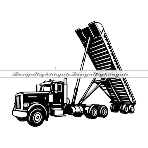 May include: Black and white illustration of a dump truck with its bed raised. The truck has a detailed design, including the cab, wheels, and the angled bed. The image is a vector graphic.