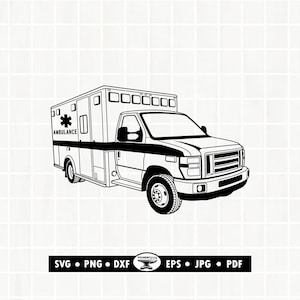 May include: Black and white illustration of an ambulance. The vehicle has a boxy rear section with windows and a star of life emblem. The word "AMBULANCE" is visible. The image includes file type icons: SVG, PNG, DXF, EPS, JPG, and PDF.