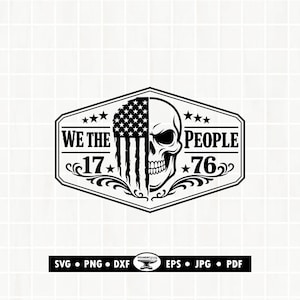 May include: Black and white graphic design featuring a skull with the American flag on one side. The text reads "WE THE PEOPLE 1776". The design is in a shield shape with stars and decorative flourishes. The bottom of the image shows file type icons.