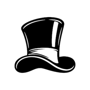 May include: A black top hat illustration featuring a high crown and a curved brim. The design includes a white band around the base of the crown, with clean lines and high-contrast shading to define the shape of the hat against a plain background.