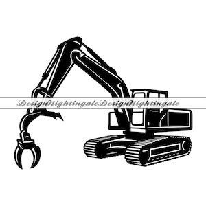 Könnte beinhalten: Schwarz-weiße Silhouette eines großen Baggers mit einem Greifer. Der Bagger befindet sich auf weißem Hintergrund.