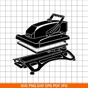 May include: Black and white illustration of a heat press machine. The machine has a handle, a top plate, and a bottom plate. The image includes the text "SVG PNG DXF EPS PDF JPG".
