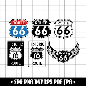 Route 66 SVG Bundle, Retro Highway Sign PNG, USA Road Sign Cut File Dxf, Printable Historic Route 66, Cricut Route 66 Wings Design