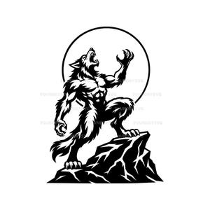 May include: A black and white graphic illustration of a muscular werewolf standing on a jagged rock formation. The creature is depicted in a howling pose with one clawed hand raised towards a large circular moon in the background, featuring sharp lines.
