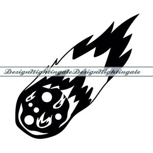 May include: Black and white illustration of a comet with a fiery tail. The comet is round and has a textured surface.
