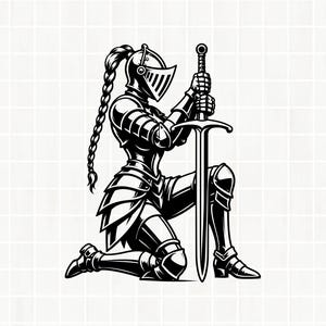 Puede incluir: Una ilustración gráfica en blanco y negro de un caballero con armadura completa arrodillado sobre una rodilla. El caballero lleva un casco con una larga trenza y sostiene una gran espada vertical con ambas manos, apoyando la punta en el suelo.