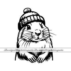 May include: Black and white illustration of a groundhog wearing a winter hat. The groundhog is smiling and has long whiskers. The text "DesignNightingale" is at the bottom.
