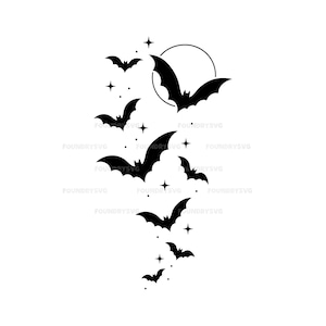 May include: A black graphic illustration featuring a swarm of bats flying in a vertical formation. The design includes a circular moon outline and several four-pointed stars scattered among the bats. The text FOUNDRYSVG is repeated faintly.