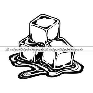 May include: Black and white illustration of three ice cubes melting on a white background. The ice cubes are drawn in a cartoon style and are melting into a puddle of water.
