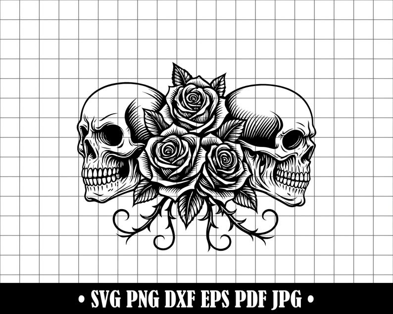 Gothic Skull and Roses Clipart, Tattoo Vector Design (SVG PNG DXF) - Etsy