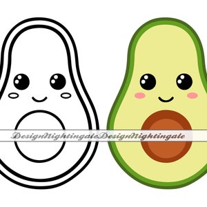 May include: A black and white line drawing of an avocado with a smiling face and a green avocado with a smiling face.
