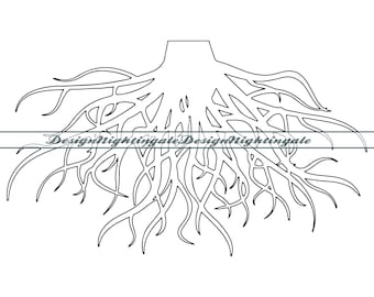 May include: A black and white line drawing of a tree root system. The roots are intricate and spread out in a web-like pattern.