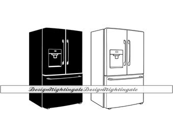 May include: A black and white illustration of a side-by-side refrigerator with a water and ice dispenser. The refrigerator has two doors and a freezer drawer.