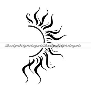 May include: Black and white stylized illustration of a sun with a half circle shape and a design of flames around the circle.