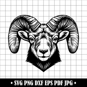 May include: Black and white illustration of a ram's head, featuring detailed shading and large, curved horns. The ram faces forward, with a detailed depiction of its fur and facial features. The image includes the text: SVG PNG DXF EPS PDF JPG.