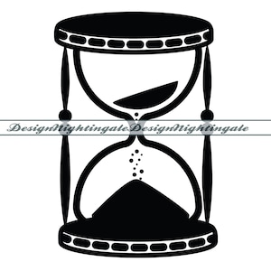May include: A black hourglass with a round top and bottom. The hourglass is filled with sand and has a narrow opening in the middle.