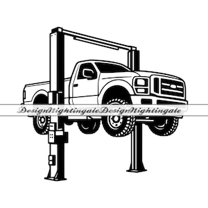 May include: Black and white illustration of a pickup truck on a vehicle lift. The truck is elevated, showcasing its undercarriage. The lift is a two-post design, commonly used in auto repair shops. The image includes the text "DesignNightingaleDesignNightingale".