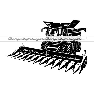 May include: Black and white illustration of a combine harvester, a large agricultural machine. The image shows the front of the harvester with its cutting blades and large tires. The text "DesignNightingale" is displayed across the image.