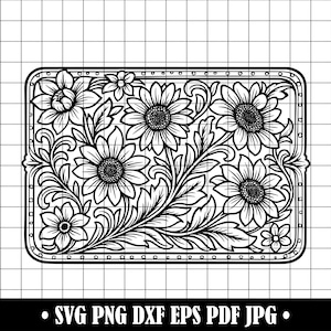 Floral Tooled Leather Pattern #5 SVG, Western Flower PNG, Black and White DXF Cut File for Cricut, Engraving, Embossing, Crafts