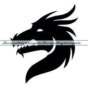 May include: Black and white silhouette of a dragon's head with sharp teeth and a fierce expression.