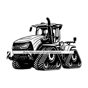 Puede incluir: Ilustración en blanco y negro de un tractor con grandes orugas. El tractor tiene cabina, tubo de escape y faros. La imagen incluye el texto "DesignNightingaleDesignNightingale".