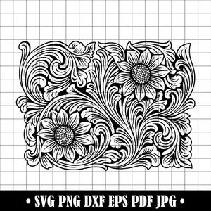Floral Tooled Leather Pattern #2 SVG, Western Flower PNG, Black and White DXF Cut File for Cricut, Engraving, Embossing, Crafts