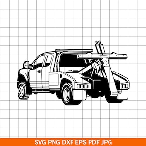 Op de afbeelding: Zwart-wit illustratie van een sleepwagen. De vrachtwagen heeft een laadvlak en een sleeplift. De afbeelding is een vectorafbeelding, geschikt voor diverse toepassingen. De tekst onderaan de afbeelding luidt: SVG PNG DXF EPS PDF JPG.
