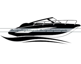 May include: Black and white silhouette of a speedboat with a wake behind it.
