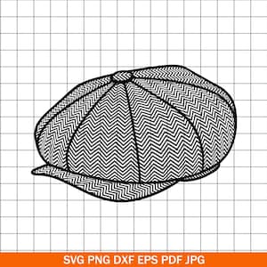 May include: A black and white illustration of a newsboy cap. The cap features a herringbone pattern and a small brim. The image is a vector graphic, suitable for digital design and crafting projects. The bottom of the image contains the text "SVG PNG DXF EPS PDF JPG".