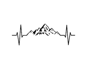 Puede incluir: Gráfico en blanco y negro de una cordillera con una línea de latido del corazón que la atraviesa.