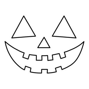 May include: A black and white line drawing of a jack-o'-lantern face with a wide smile, triangular eyes, and a small triangular nose.
