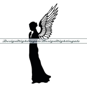 May include: A black silhouette of an angel with detailed wings, wearing a long gown, and with hands clasped in prayer. The image includes the text "DesignNightingale" in a banner across the bottom.