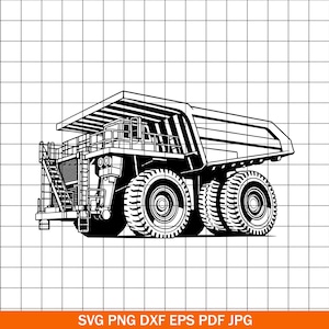 Könnte beinhalten: Schwarz-Weiß-Illustration eines großen Muldenkippers. Der LKW hat ein detailliertes Design mit großen Reifen, einer Kabine und einer Ladefläche. Das Bild enthält den Text "SVG PNG DXF EPS PDF JPG".