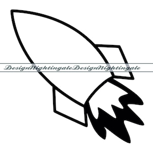 May include: Black and white line drawing of a rocket ship with a flame coming out of the back.