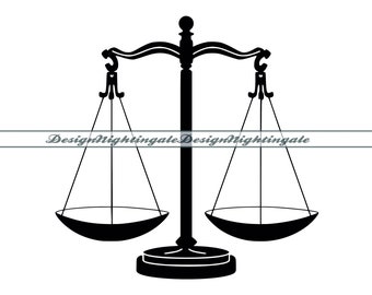 May include: A black silhouette of a scale of justice with two pans hanging from the arms of the scale.