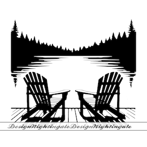 May include: Black and white silhouette of two Adirondack chairs facing each other on a wooden jetty overlooking a lake with a forest in the background.