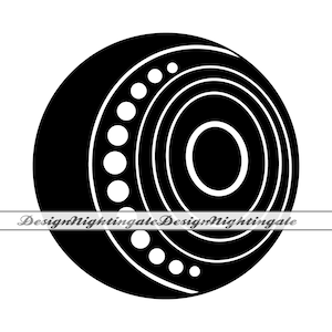 Może przedstawiać: Czarno-biały projekt graficzny koła z koncentrycznymi okręgami i pierścieniem kropek wokół zewnętrznego brzegu.