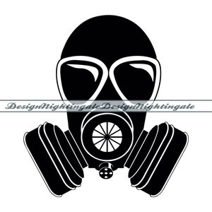 May include: Black and white silhouette of a gas mask with a round filter and two eye pieces.