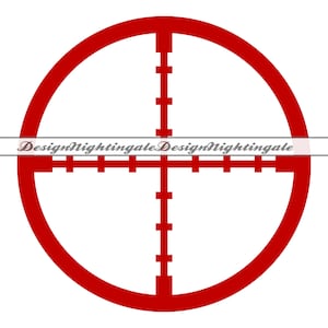 May include: A red crosshair design featuring a circular outer ring and intersecting horizontal and vertical lines. The text "DesignNightingaleDesignNightingale" is displayed horizontally across the centre of the crosshair.