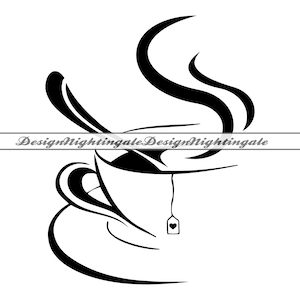 May include: Black and white illustration of a teacup with steam rising from it. The teacup has a string with a heart-shaped tag hanging from it.