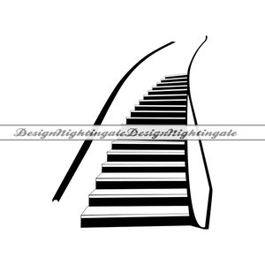 May include: Black and white illustration of a staircase ascending upwards. The steps are horizontal black lines, and the sides are curved black lines. The text "DesignNightingale" is displayed in a banner across the image.