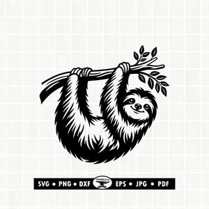 Puede incluir: Una ilustración gráfica en blanco y negro de un perezoso colgado de una rama de árbol con hojas. Debajo del perezoso, una barra rectangular negra contiene el texto en blanco: SVG, PNG, DXF, EPS, JPG, PDF, y un pequeño icono de yunque.