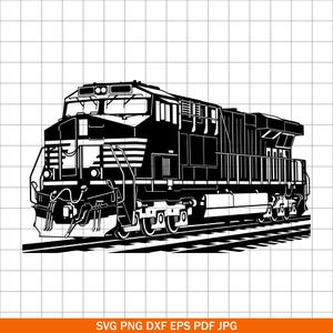 May include: Black and white illustration of a diesel locomotive on tracks. The image shows the front and side of the train, with detailed features like the cab, lights, and wheels. The image includes the text "SVG PNG DXF EPS PDF JPG".