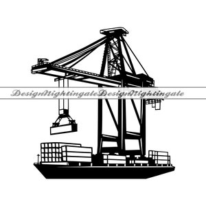 May include: Black and white silhouette of a large crane loading cargo containers onto a ship. The crane is a gantry crane with a large boom and a hook. The ship is a cargo ship with a flat deck and a large cargo hold.