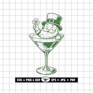 May include: Green illustration of a leprechaun in a martini glass, holding a four-leaf clover. The leprechaun wears a green hat with a buckle. The image has a vintage style and includes the file types: SVG, PNG, DXF, EPS, JPG, and PDF.