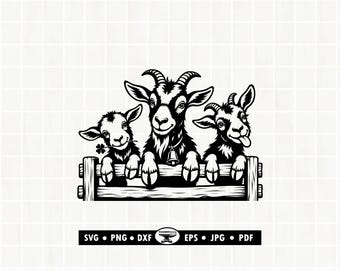 Peeking Goat SVG PNG DXF: Funny Goats Trio Over Farm Fence